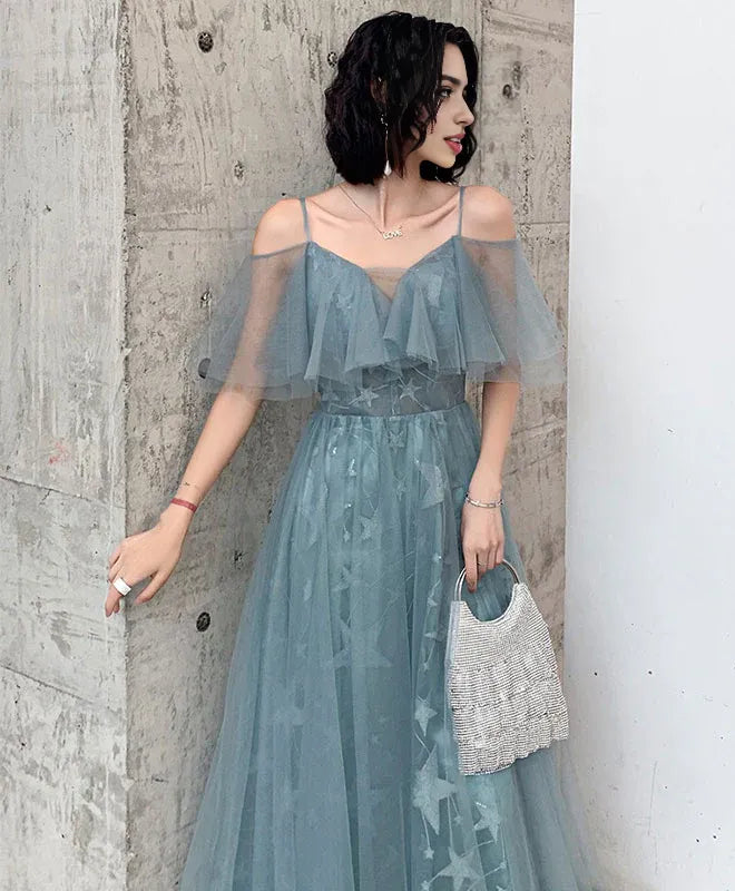 Vestido de Noche Largo de Tul con Hombros Descubiertos, Corte A y Volantes, Elegante para Graduación