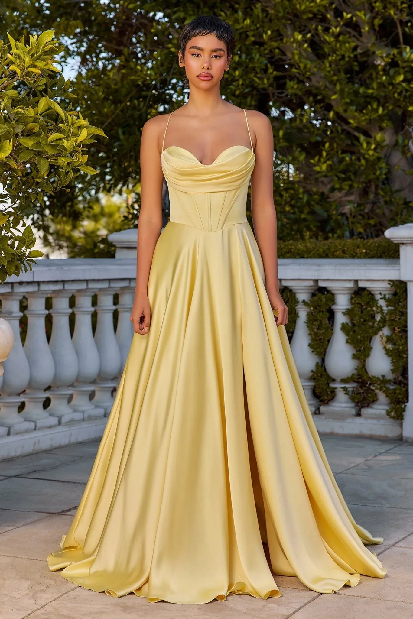 Elegant ALine Sweetheart Sleeveless Satin FloorLength Corset Slit Prom Dress with Pockets