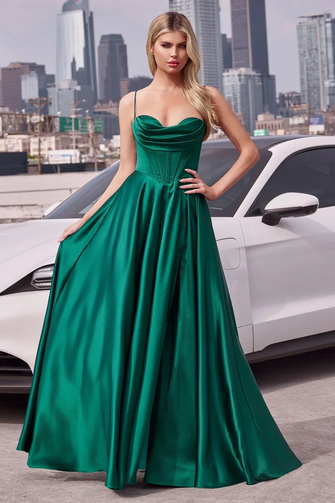 Elegant ALine Sweetheart Sleeveless Satin FloorLength Corset Slit Prom Dress with Pockets
