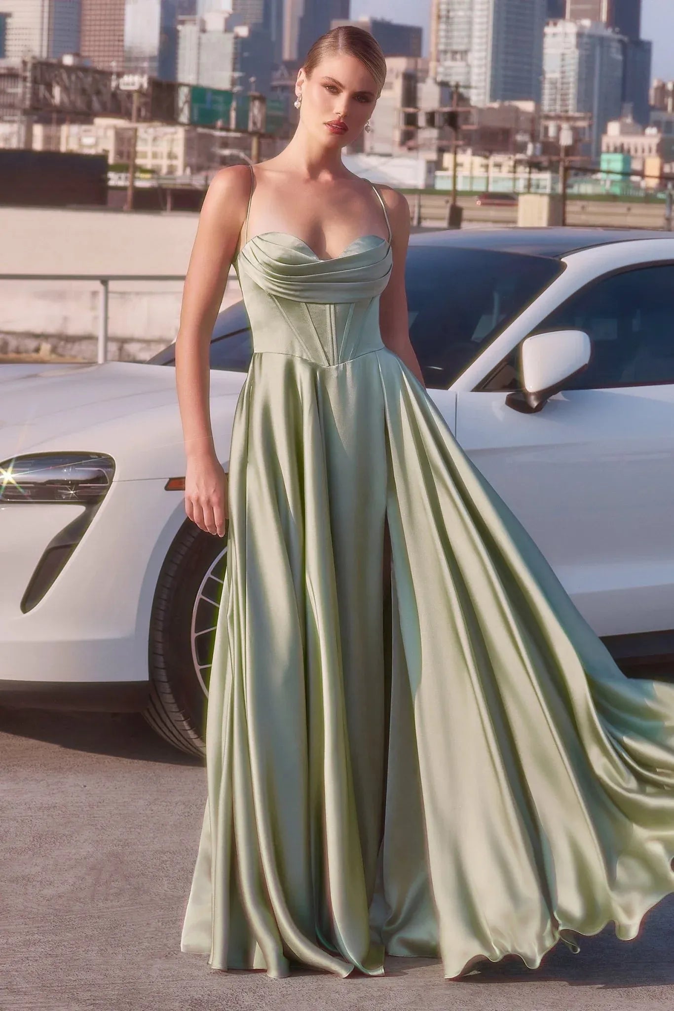Elegant ALine Sweetheart Sleeveless Satin FloorLength Corset Slit Prom Dress with Pockets