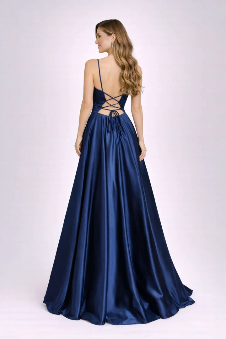 Elegant ALine VNeck Satin FloorLength LaceUp Back Evening Gown