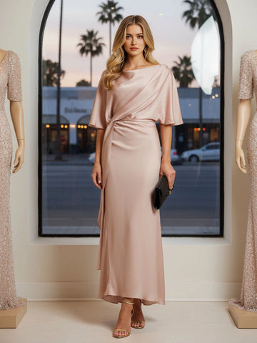 Vedress blush satin wrap waist cowl‑back midi bridesmaid dress with flutter short sleeves