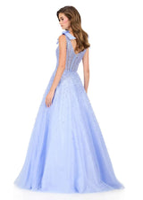 Elegant Aline Square Neck Tulle Long Beaded Bow Corset Prom Dress