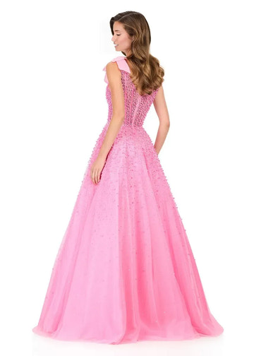 Elegant Aline Square Neck Tulle Long Beaded Bow Corset Prom Dress