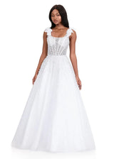 Elegant Aline Square Neck Tulle Long Beaded Bow Corset Prom Dress
