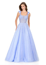 Elegant Aline Square Neck Tulle Long Beaded Bow Corset Prom Dress