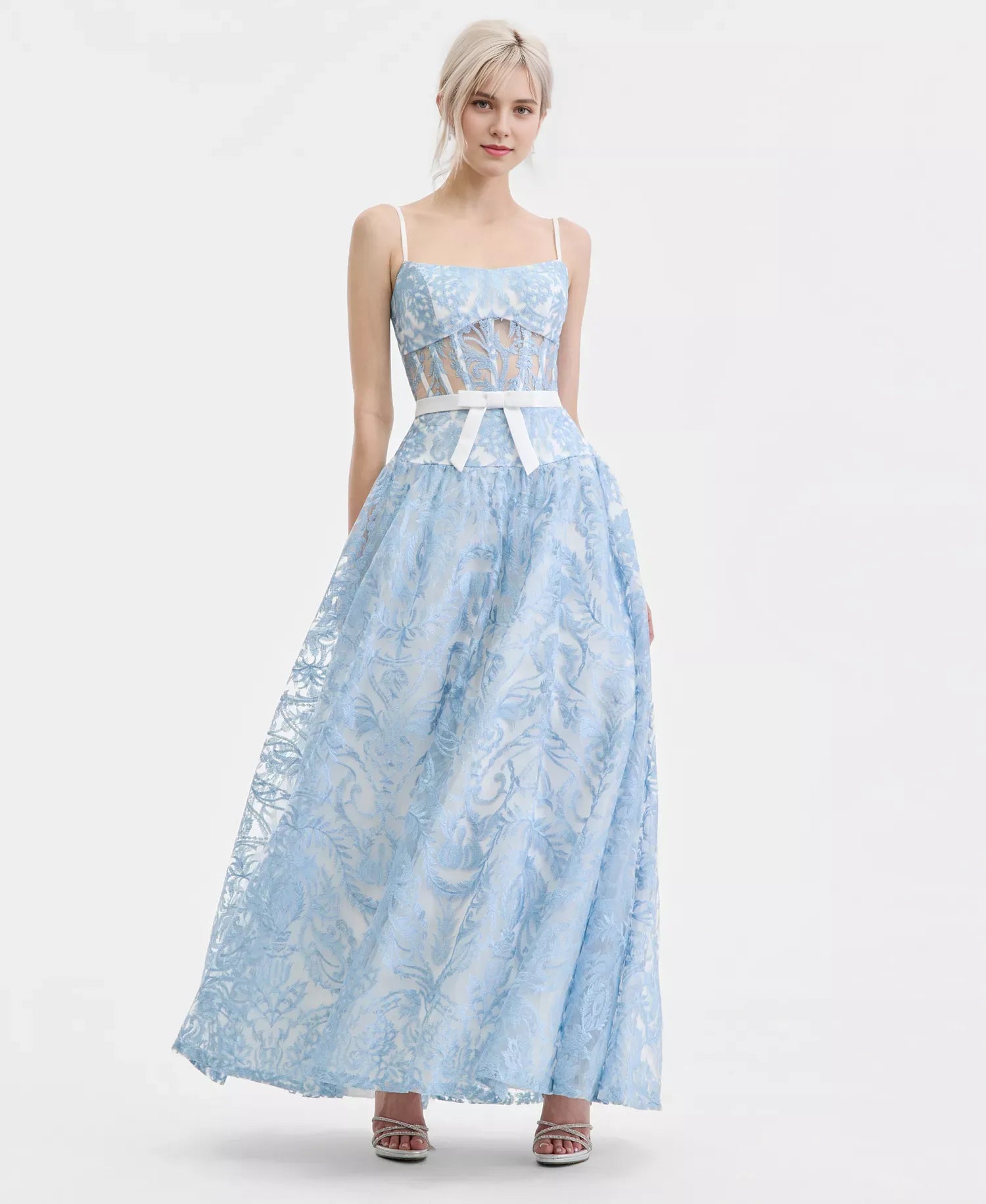 Vestido de fiesta con corsé, encaje, cuello cuadrado, corte A, largo hasta el suelo y lazo