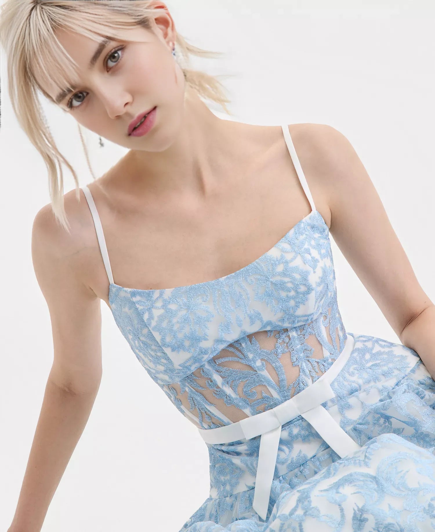 Vestido de fiesta con corsé, encaje, cuello cuadrado, corte A, largo hasta el suelo y lazo