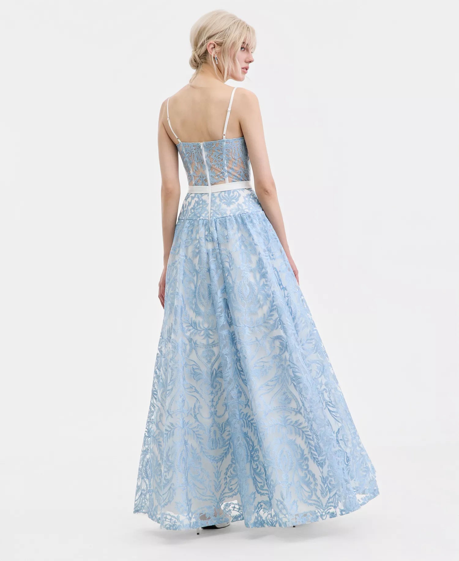 Vestido de fiesta con corsé, encaje, cuello cuadrado, corte A, largo hasta el suelo y lazo