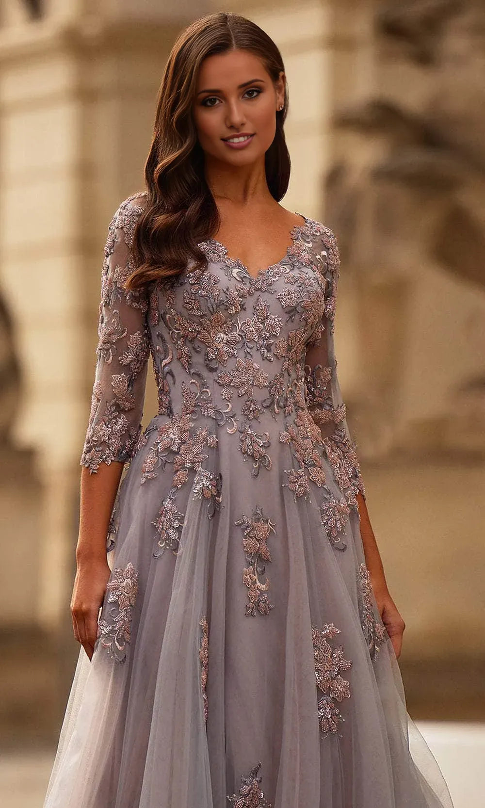 Elegant Aline VNeck Tulle FloorLength Lace Applique Evening Dress