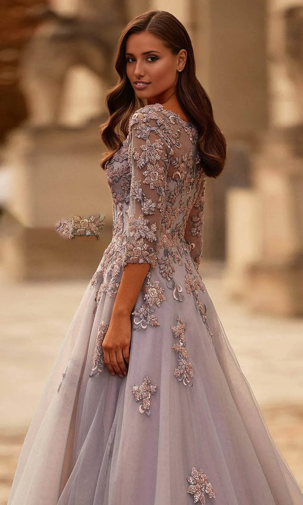 Elegant Aline VNeck Tulle FloorLength Lace Applique Evening Dress
