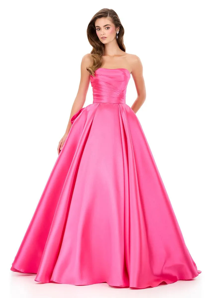 Elegante Vestido de Fiesta Largo con Lazo, sin Tirantes, Línea A, Satén