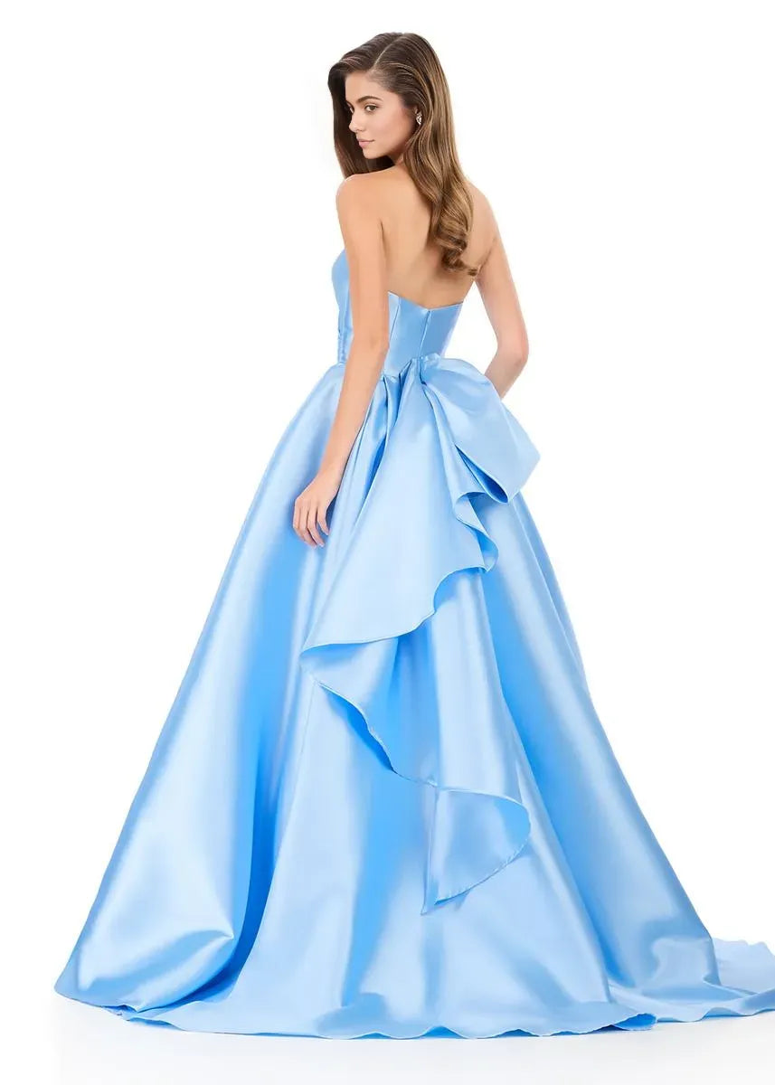Elegante Vestido de Fiesta Largo con Lazo, sin Tirantes, Línea A, Satén