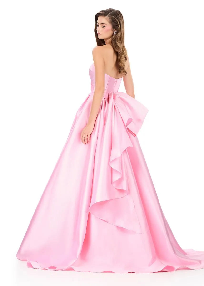 Elegante Vestido de Fiesta Largo con Lazo, sin Tirantes, Línea A, Satén