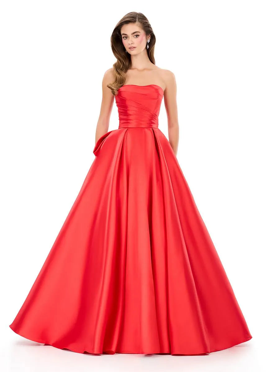 Elegante Vestido de Fiesta Largo con Lazo, sin Tirantes, Línea A, Satén