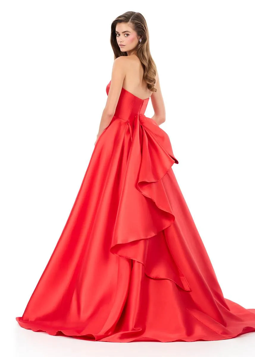 Elegante Vestido de Fiesta Largo con Lazo, sin Tirantes, Línea A, Satén