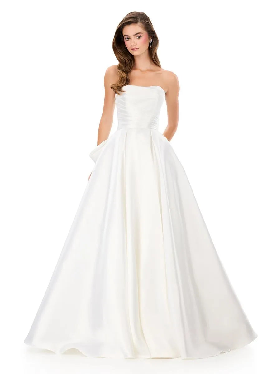 Elegante Vestido de Fiesta Largo con Lazo, sin Tirantes, Línea A, Satén