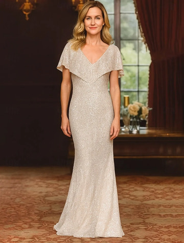 Sheath Column Vintage Cape Neck Sleeveless Sequin Party Mother of the Bride Dress