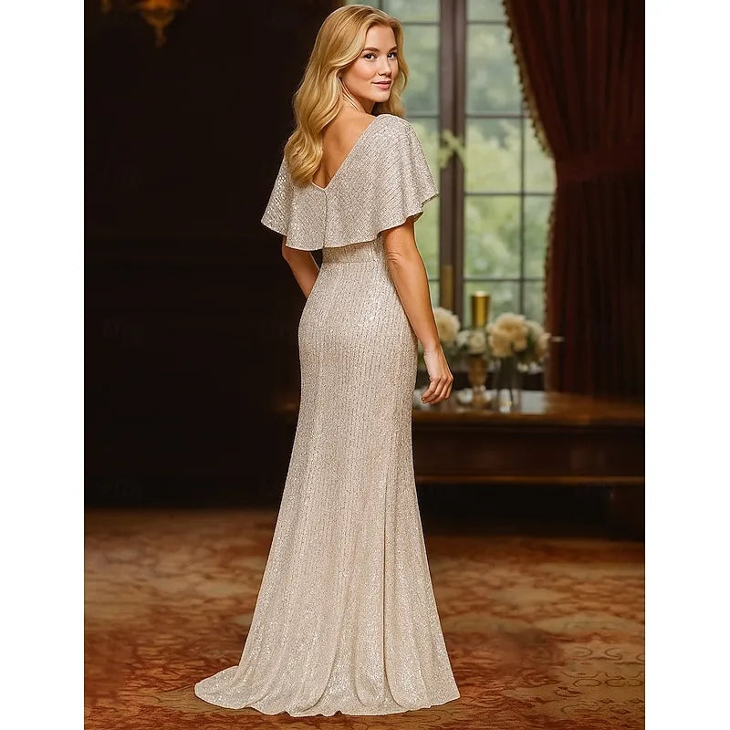 Sheath Column Vintage Cape Neck Sleeveless Sequin Party Mother of the Bride Dress