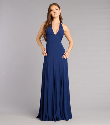 A-line halter V-neck chiffon formal evening dress with sleeveless bodice and floor-length flowing skirt