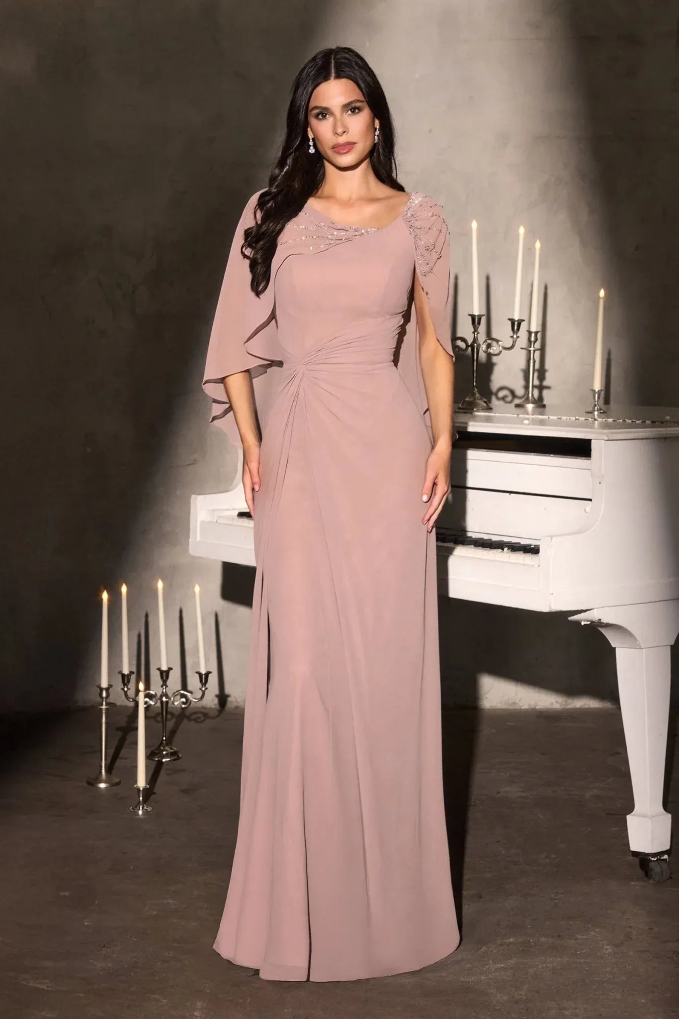 Elegant Column Scoop-neck Cape-sleeve Chiffon Floor-length Ruched Mother of Bride Gown