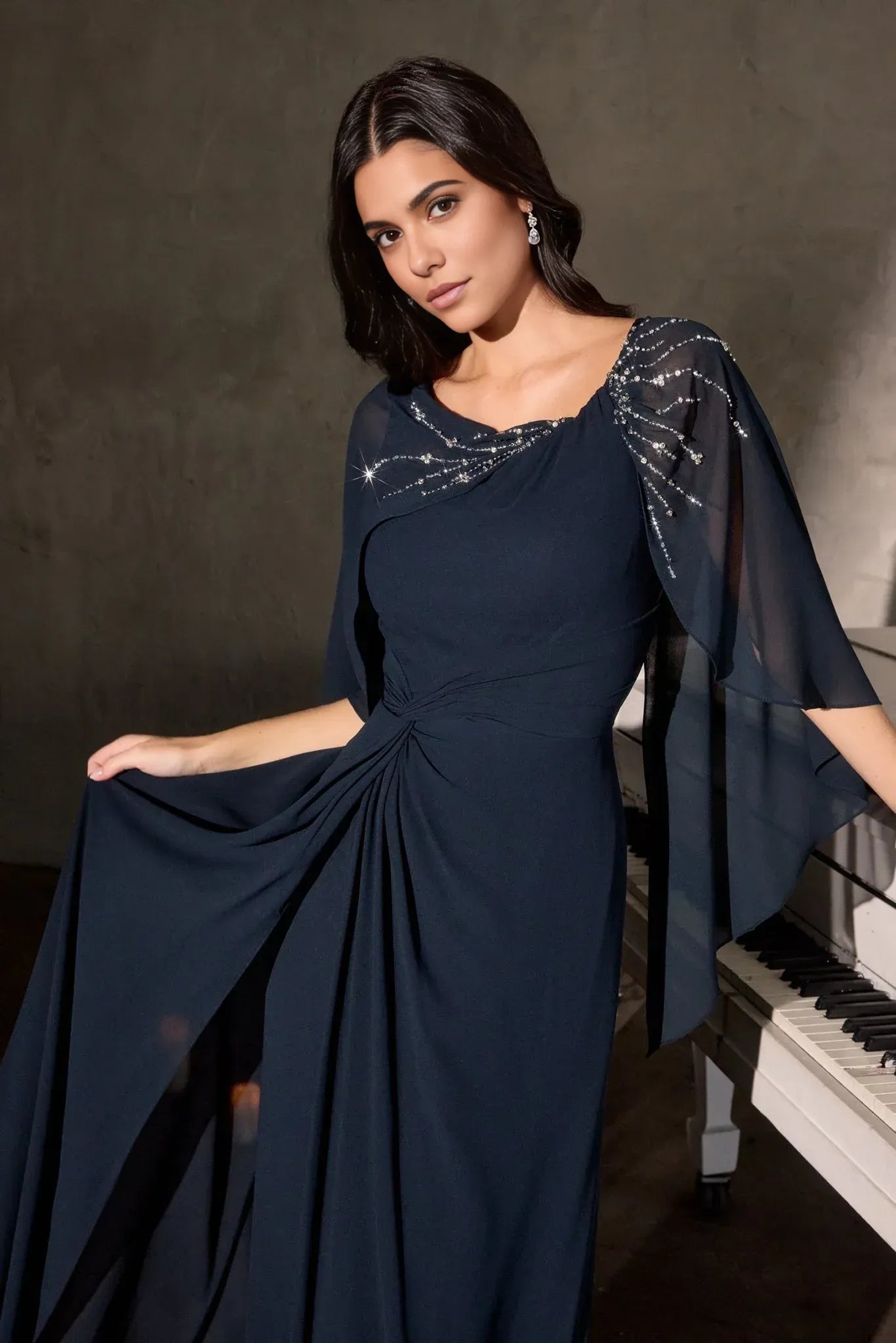 Elegant Column Scoop-neck Cape-sleeve Chiffon Floor-length Ruched Mother of Bride Gown