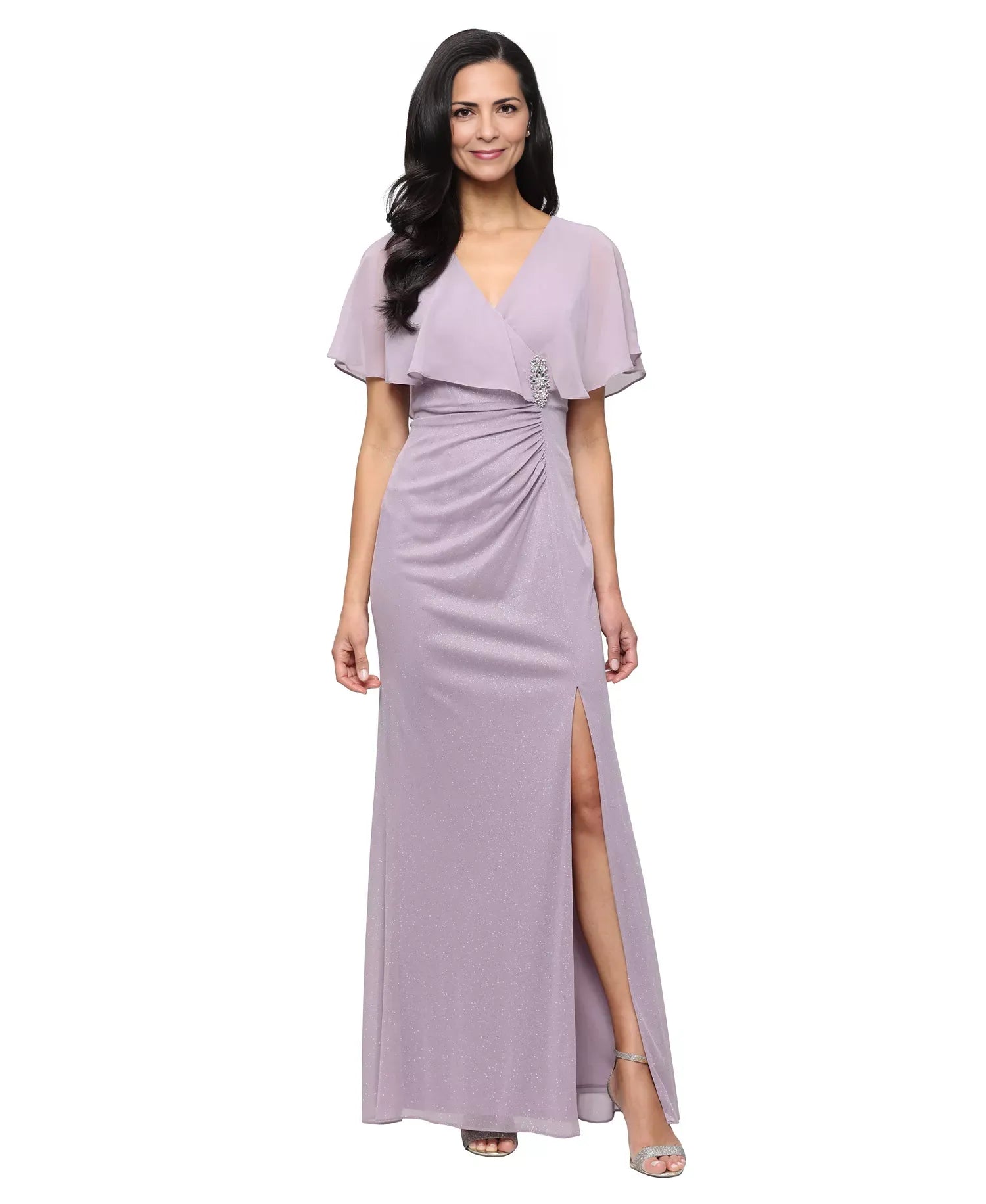 Elegant Sparkly V-neck Chiffon Mother of the Bride Dress Capelet Long Evening Gown