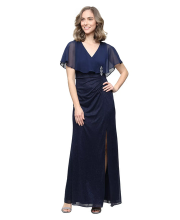 Elegant Sparkly V-neck Chiffon Mother of the Bride Dress Capelet Long Evening Gown