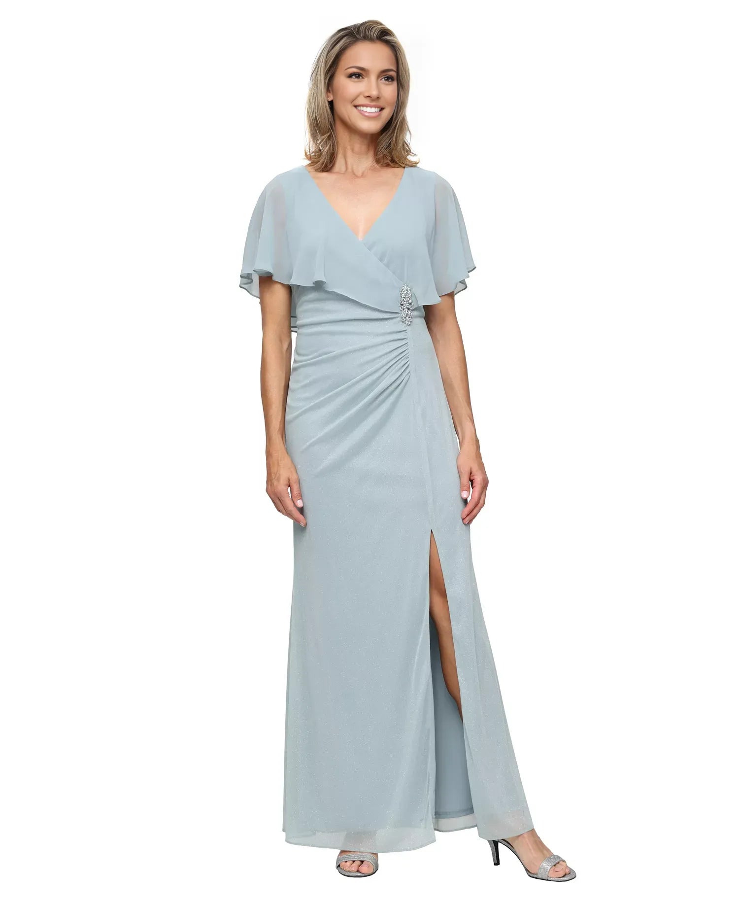 Elegant Sparkly V-neck Chiffon Mother of the Bride Dress Capelet Long Evening Gown