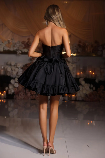 Elegant Corset Strapless Satin Short Ruffled Bow Homecoming Dress