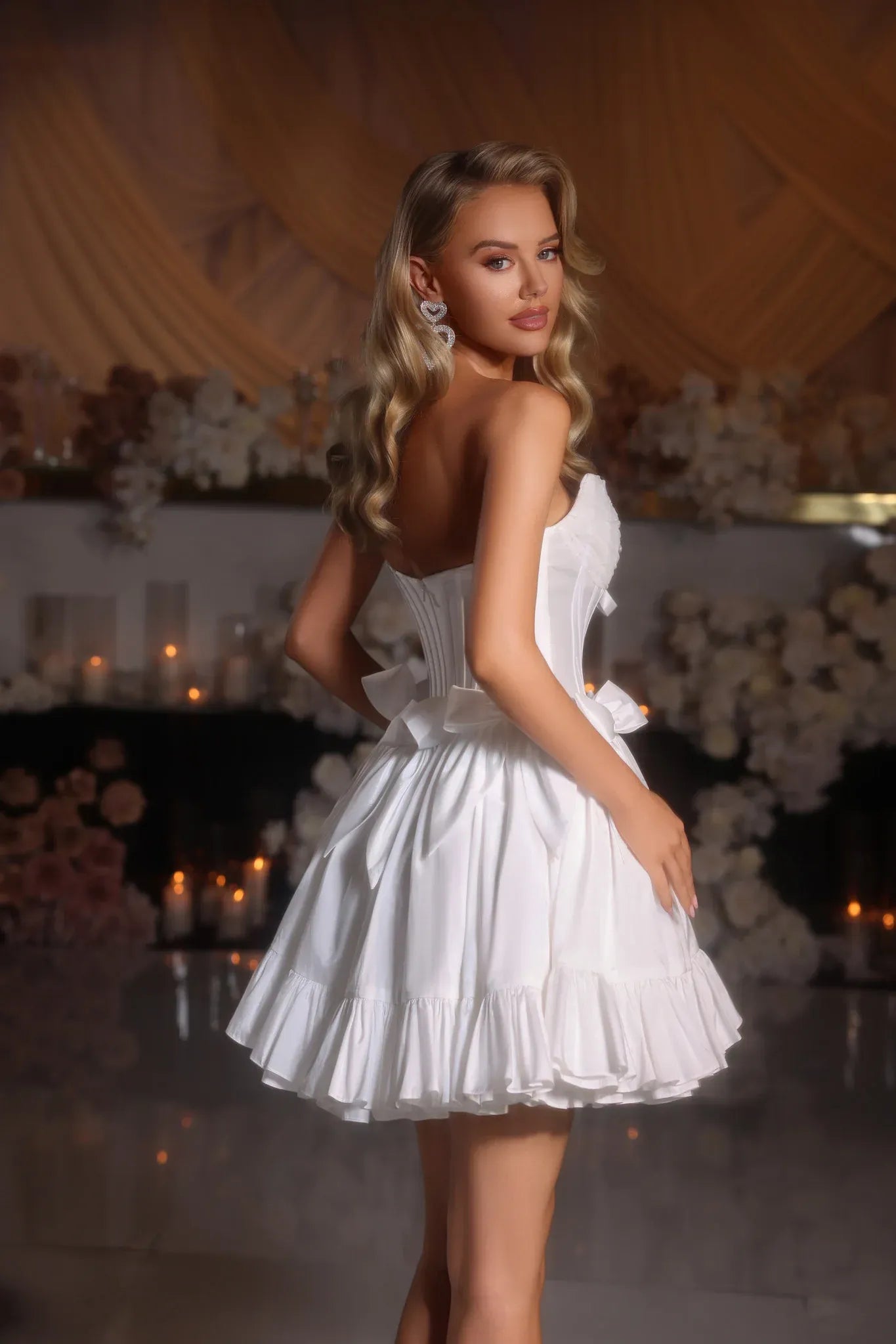 Elegant Corset Strapless Satin Short Ruffled Bow Homecoming Dress