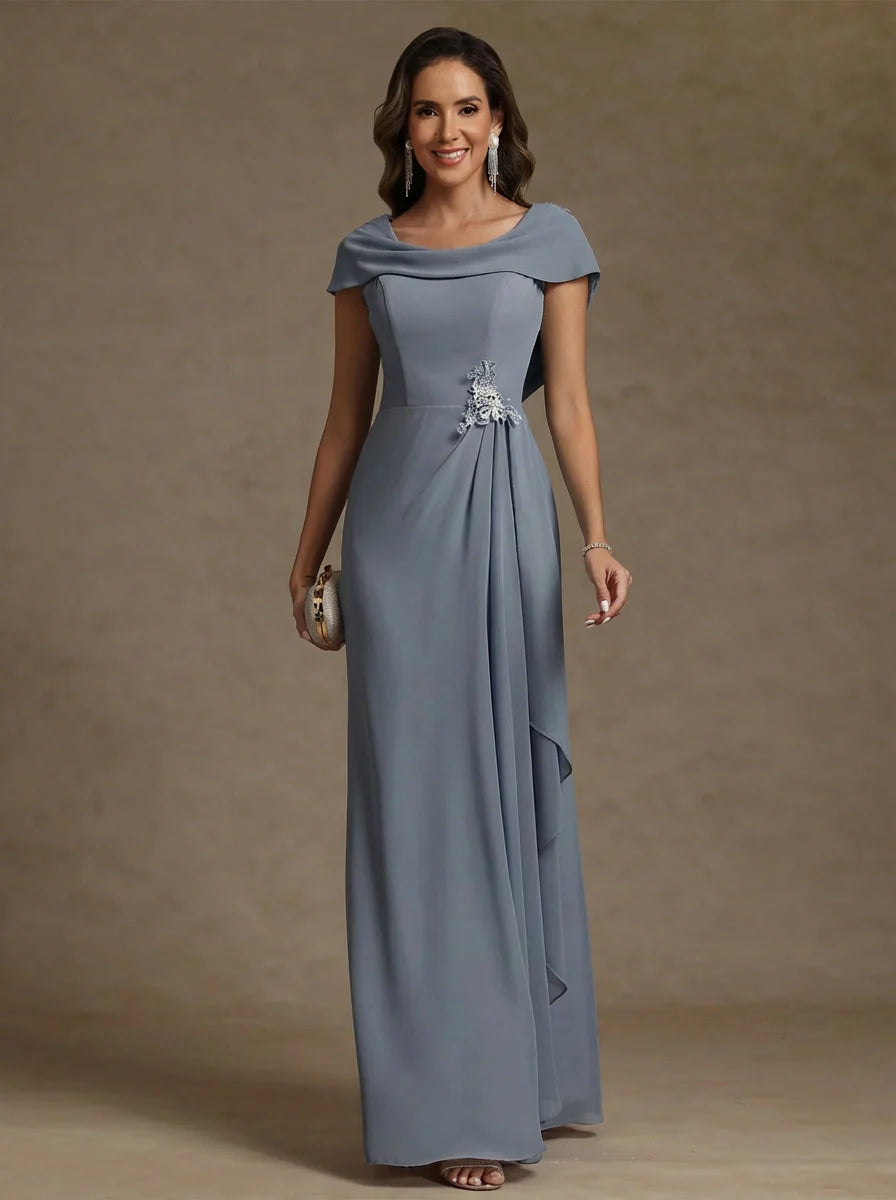 Elegant Cowl Neck Chiffon Floor-Length Split Gown Mother of the Bride Dress With Ruffles