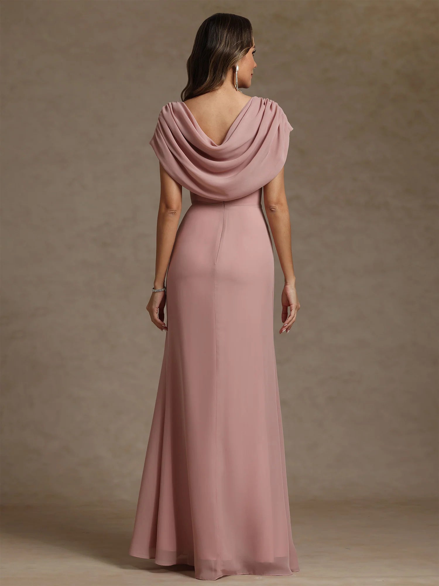 Elegant Cowl Neck Chiffon Floor-Length Split Gown Mother of the Bride Dress With Ruffles