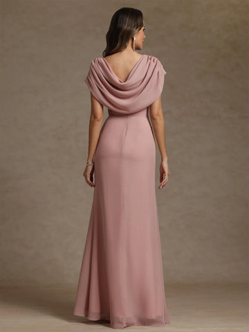 Elegant Cowl Neck Chiffon Floor-Length Split Gown Mother of the Bride Dress With Ruffles