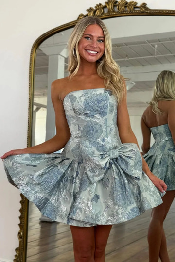 Elegant Cute A-line Strapless Sleeveless Jacquard Homecoming Dress with Bow