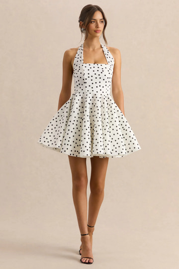 Elegant Fit-and-flare Halter-neck Sleeveless Crepe Mini Polka-dot Cocktail Dress