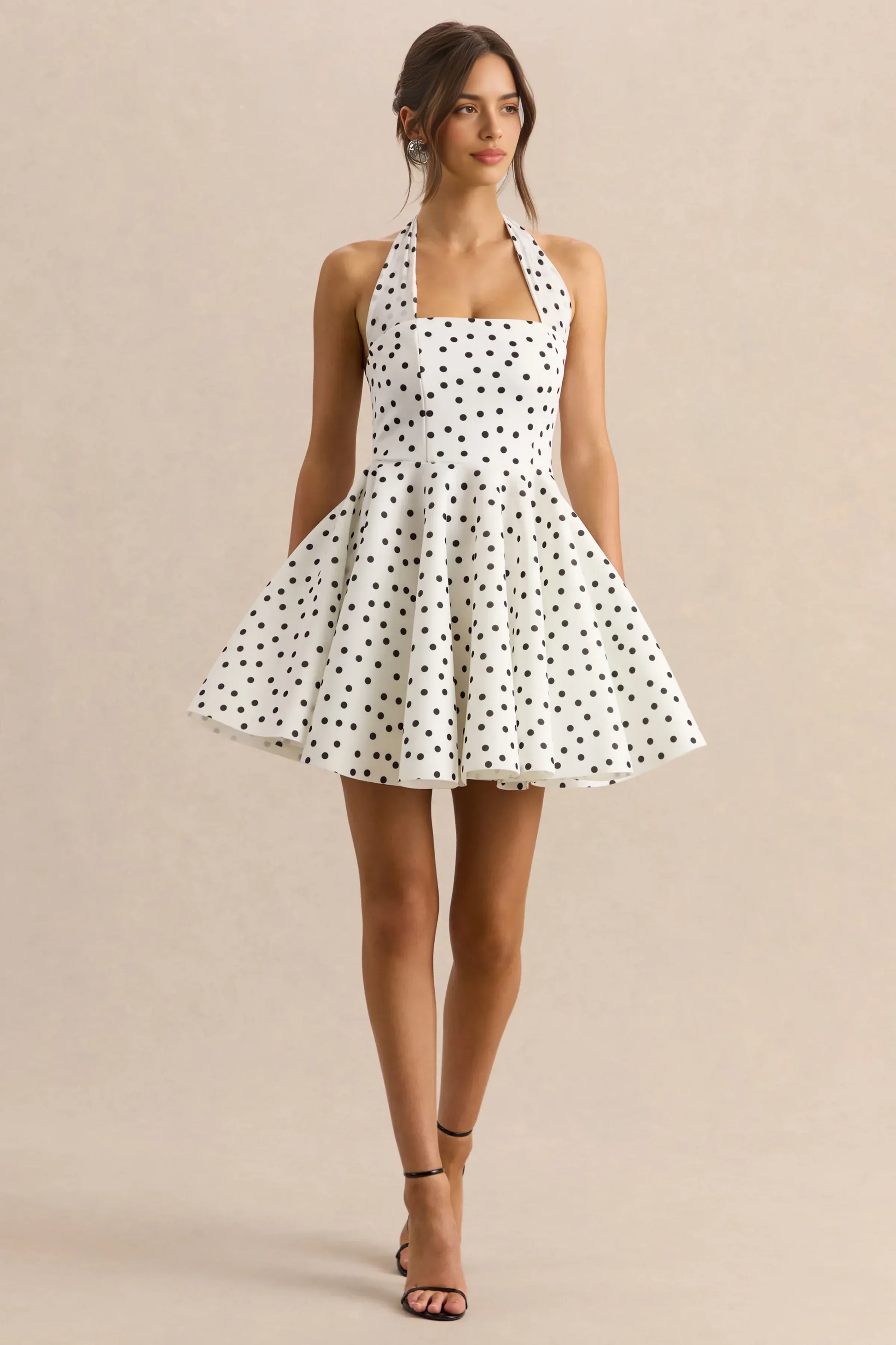 Elegant Fit-and-flare Halter-neck Sleeveless Crepe Mini Polka-dot Cocktail Dress