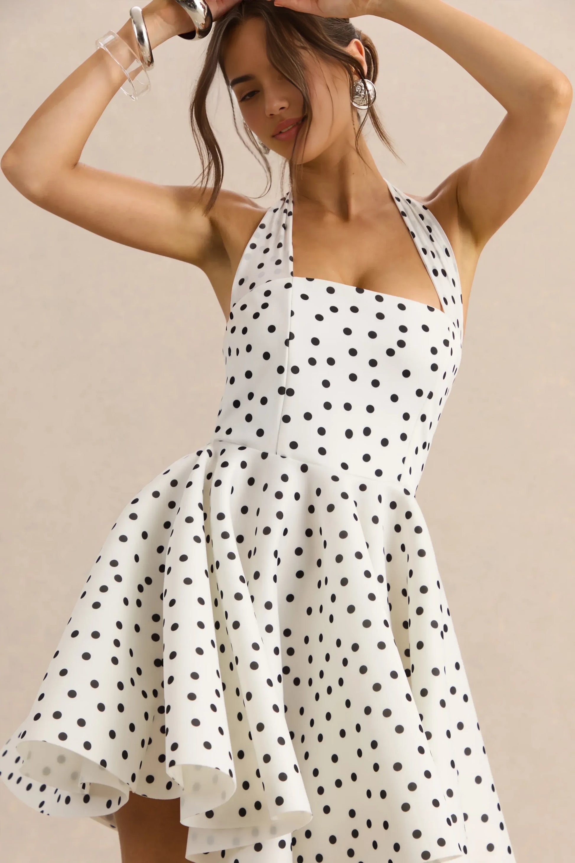 Elegant Fit-and-flare Halter-neck Sleeveless Crepe Mini Polka-dot Cocktail Dress