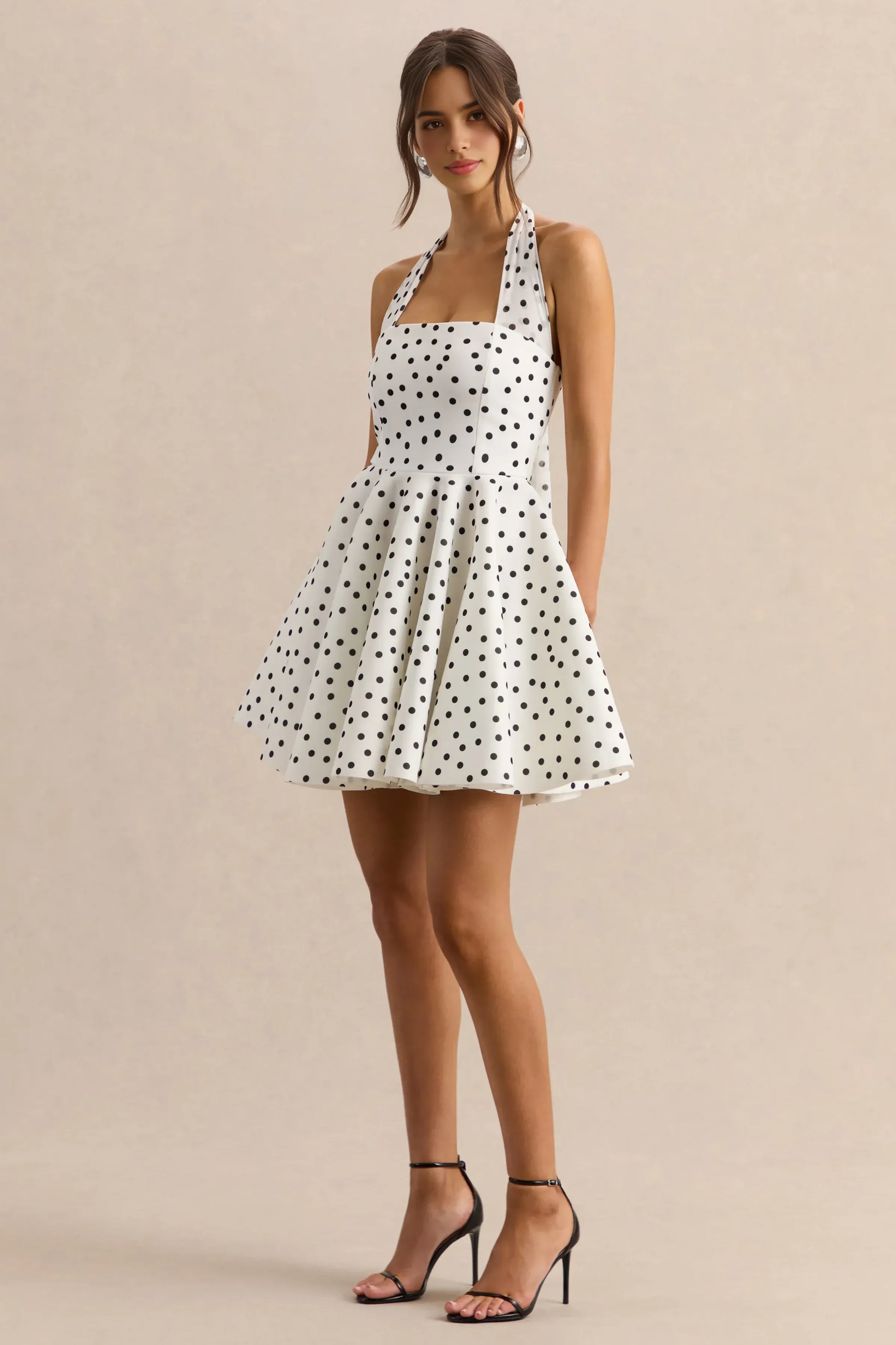 Elegant Fit-and-flare Halter-neck Sleeveless Crepe Mini Polka-dot Cocktail Dress