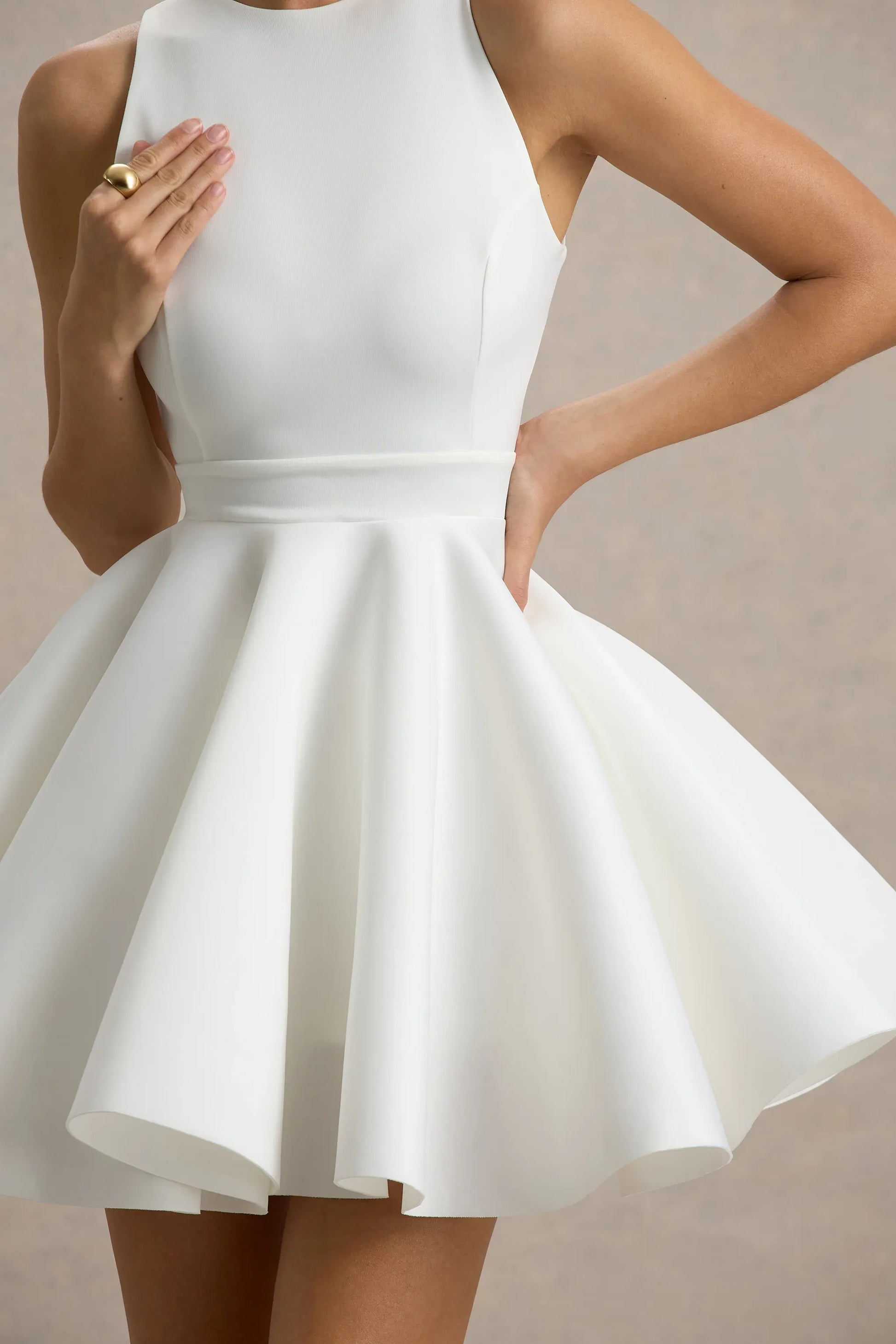 Elegant Fit-and-flare High-neck Sleeveless Crepe Mini Open-back Bow Cocktail Dress