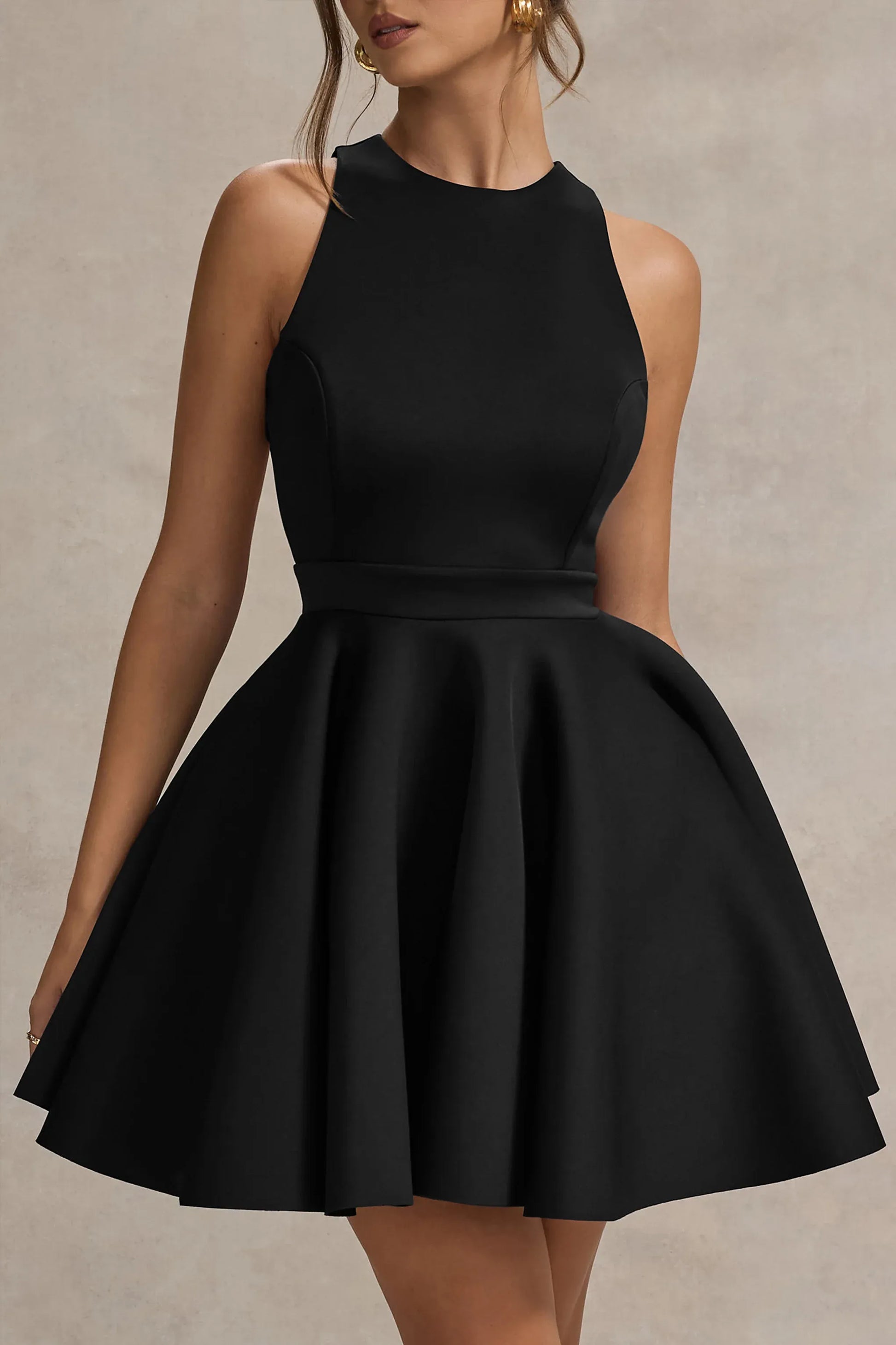 Elegant Fit-and-flare High-neck Sleeveless Crepe Mini Open-back Bow Cocktail Dress