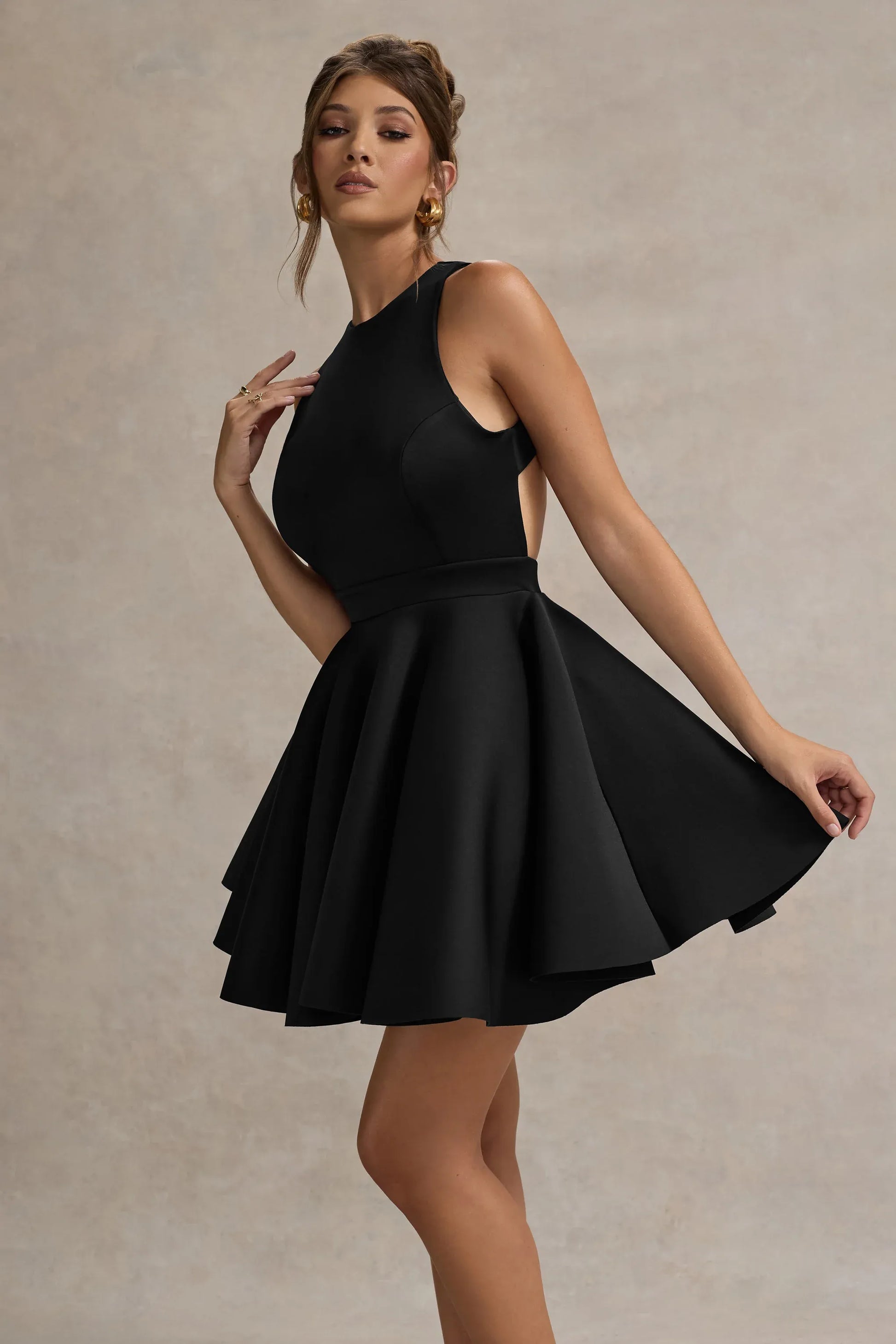 Elegant Fit-and-flare High-neck Sleeveless Crepe Mini Open-back Bow Cocktail Dress