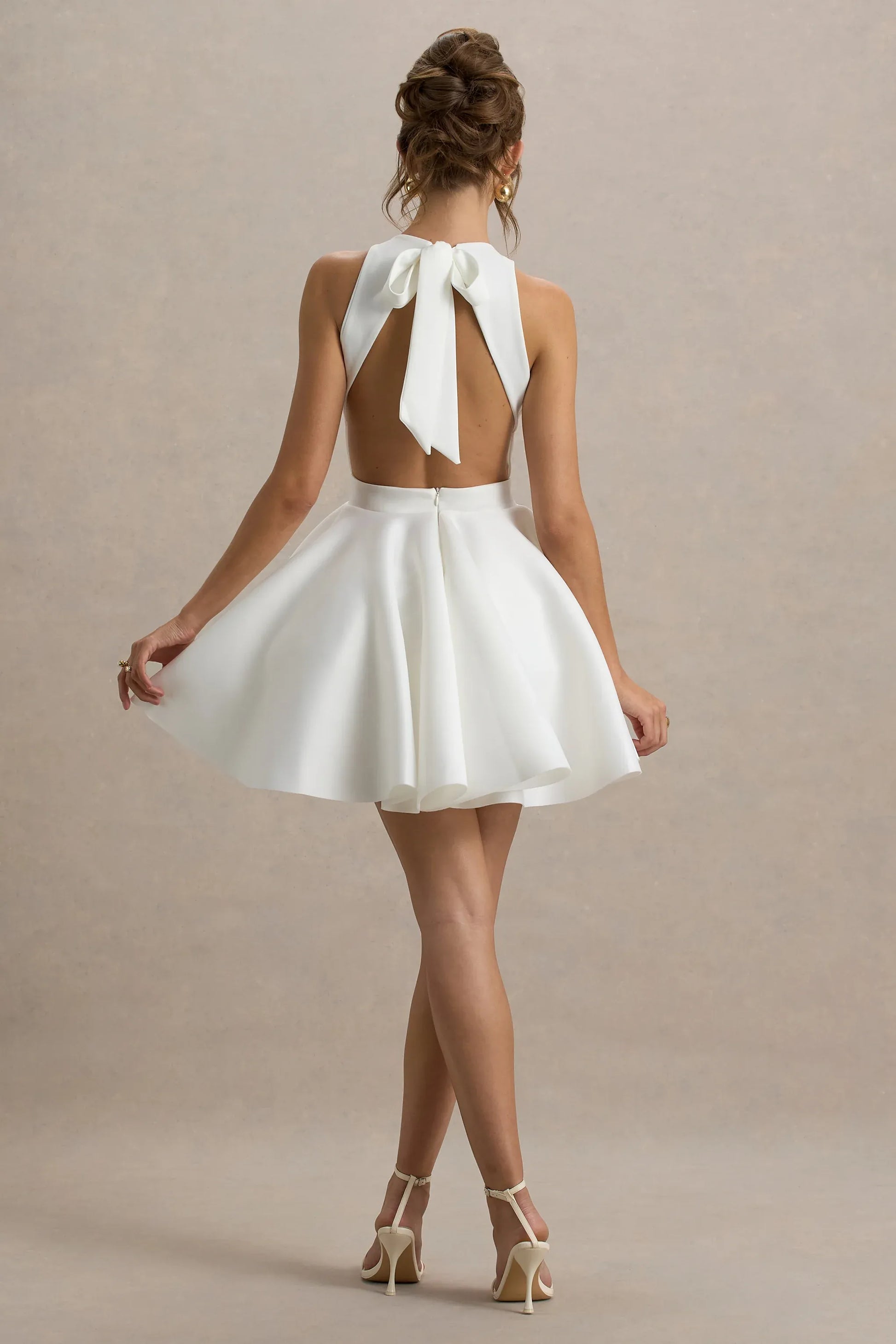 Elegant Fit-and-flare High-neck Sleeveless Crepe Mini Open-back Bow Cocktail Dress