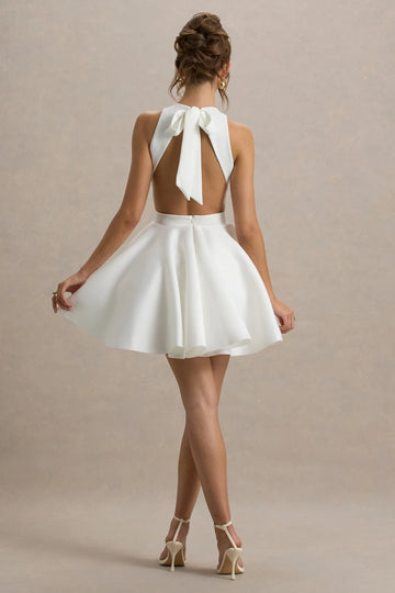 Elegant Fit-and-flare High-neck Sleeveless Crepe Mini Open-back Bow Cocktail Dress