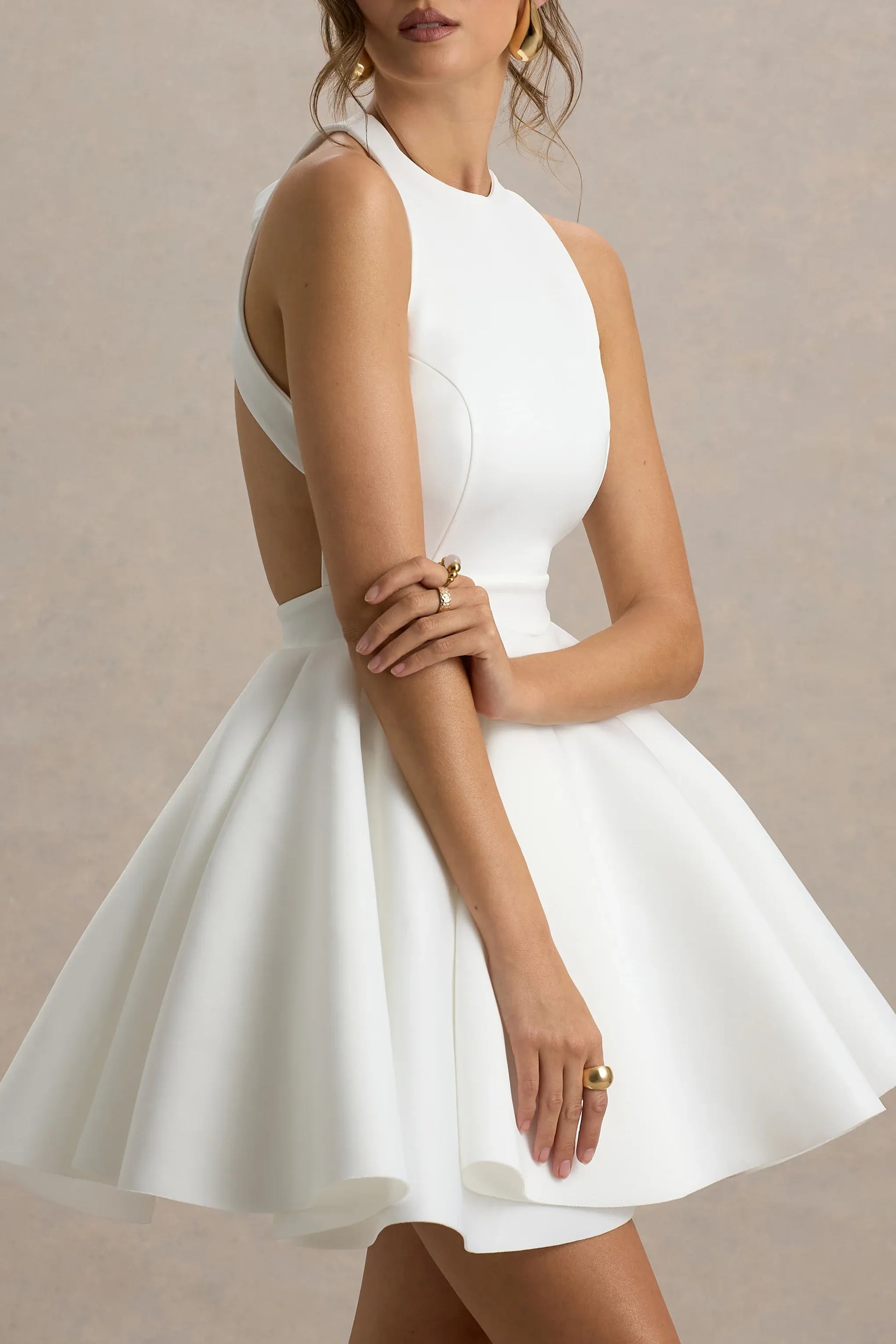 Elegant Fit-and-flare High-neck Sleeveless Crepe Mini Open-back Bow Cocktail Dress