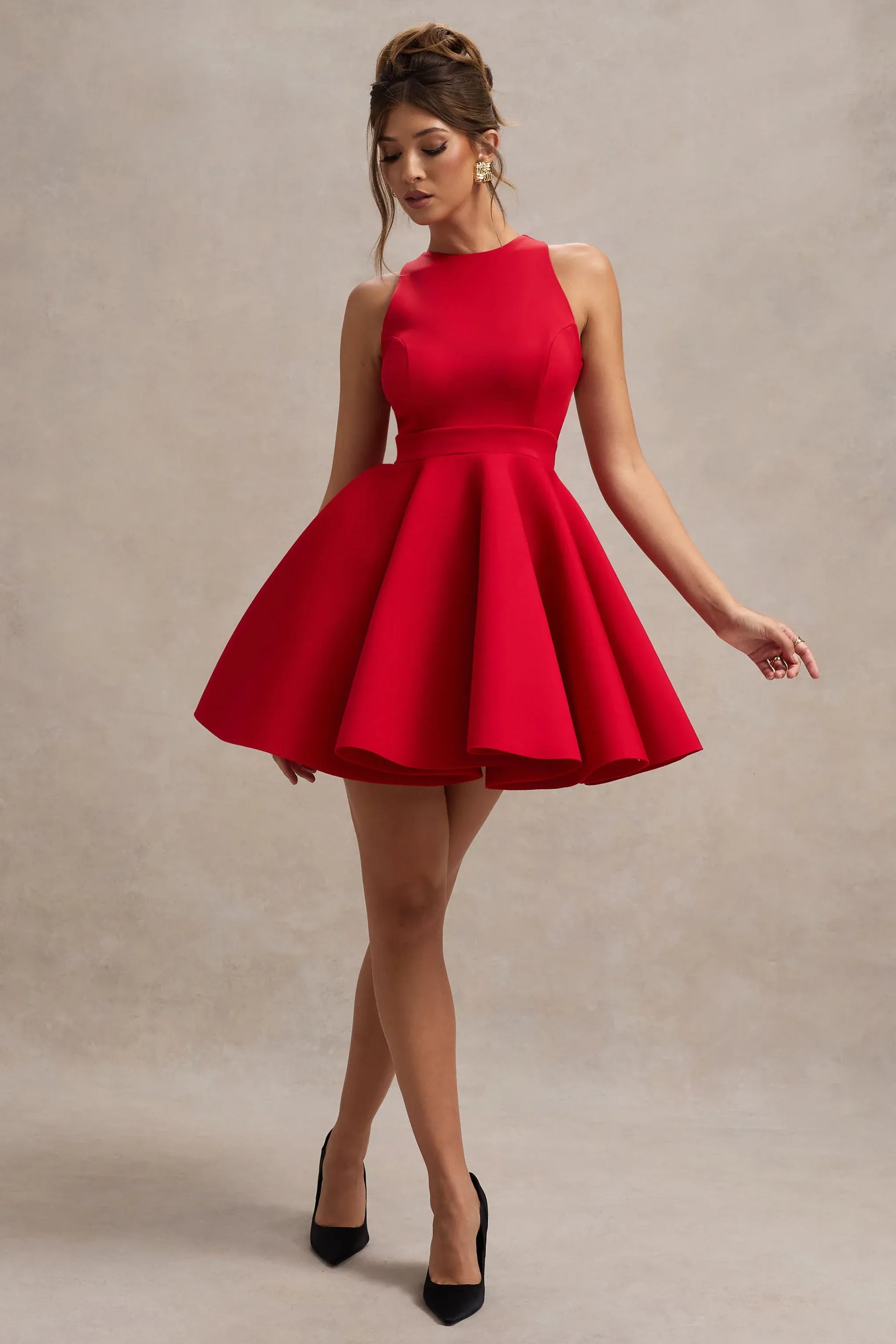Elegant Fit-and-flare High-neck Sleeveless Crepe Mini Open-back Bow Cocktail Dress