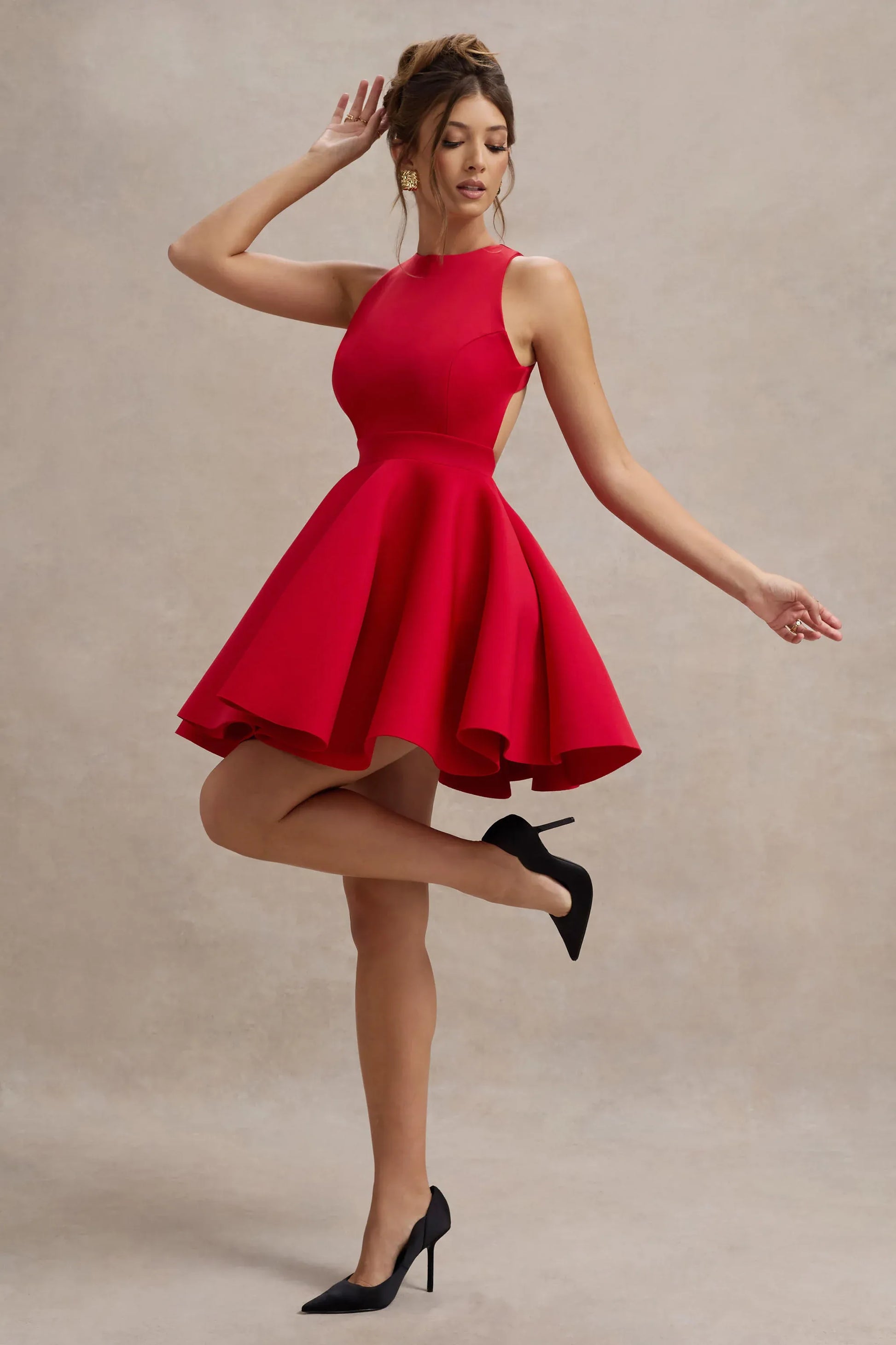 Elegant Fit-and-flare High-neck Sleeveless Crepe Mini Open-back Bow Cocktail Dress