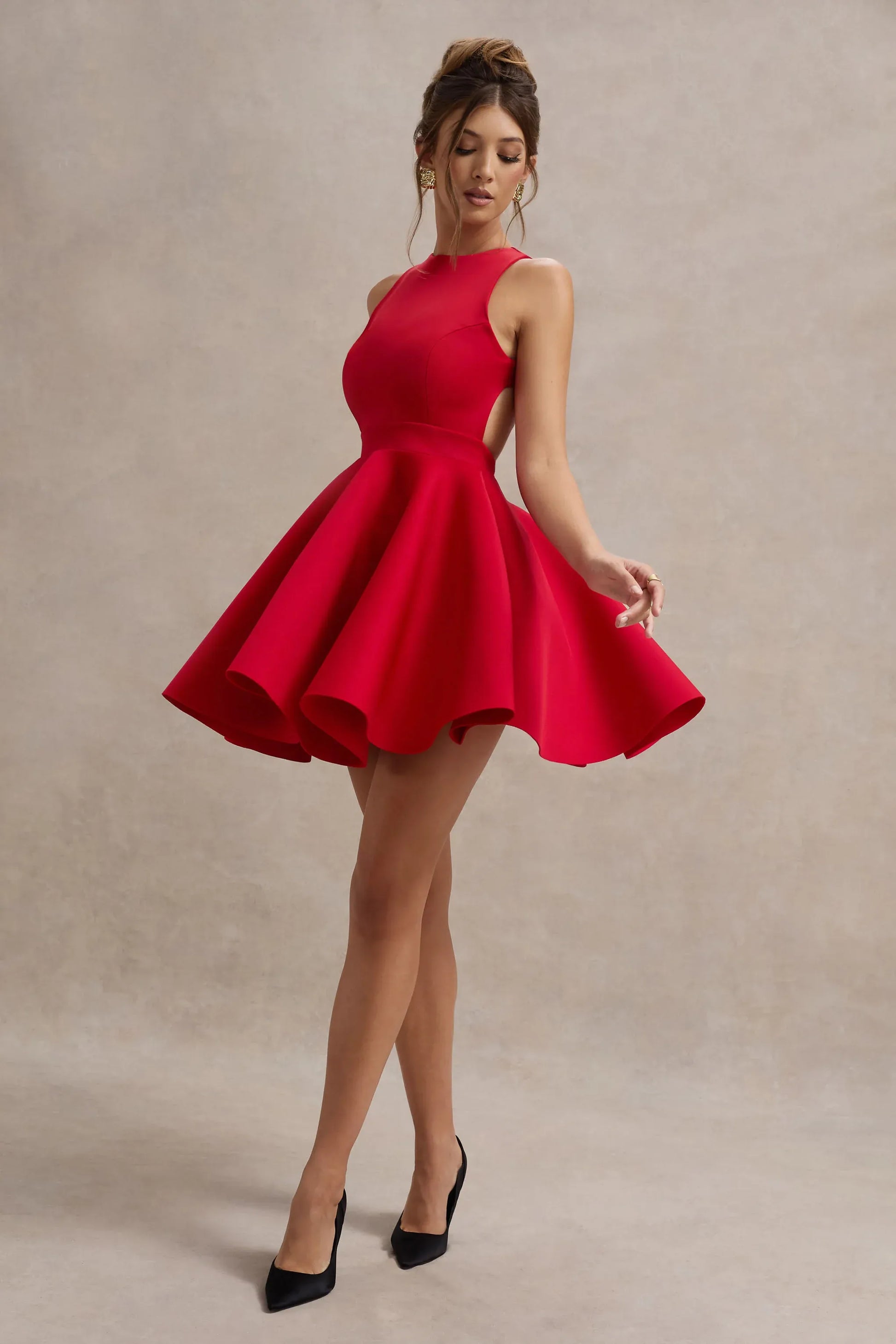 Elegant Fit-and-flare High-neck Sleeveless Crepe Mini Open-back Bow Cocktail Dress