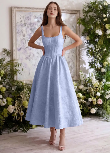 Elegant Fit-and-flare Square-neck Sleeveless Jacquard Cocktail Dress Tea-length Pearl-embellished Corset-back Evening Gown