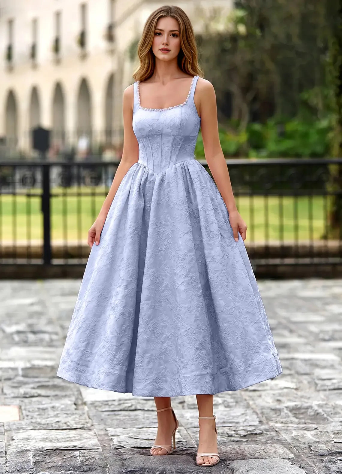 Elegant Fit-and-flare Square-neck Sleeveless Jacquard Cocktail Dress Tea-length Pearl-embellished Corset-back Evening Gown